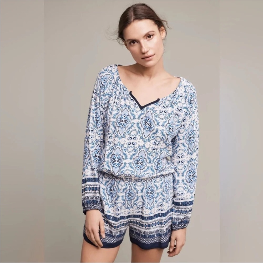 Athropologie Elevenses Basia Romper Long Sleeve V Neck Boho Blue Coastal Resort